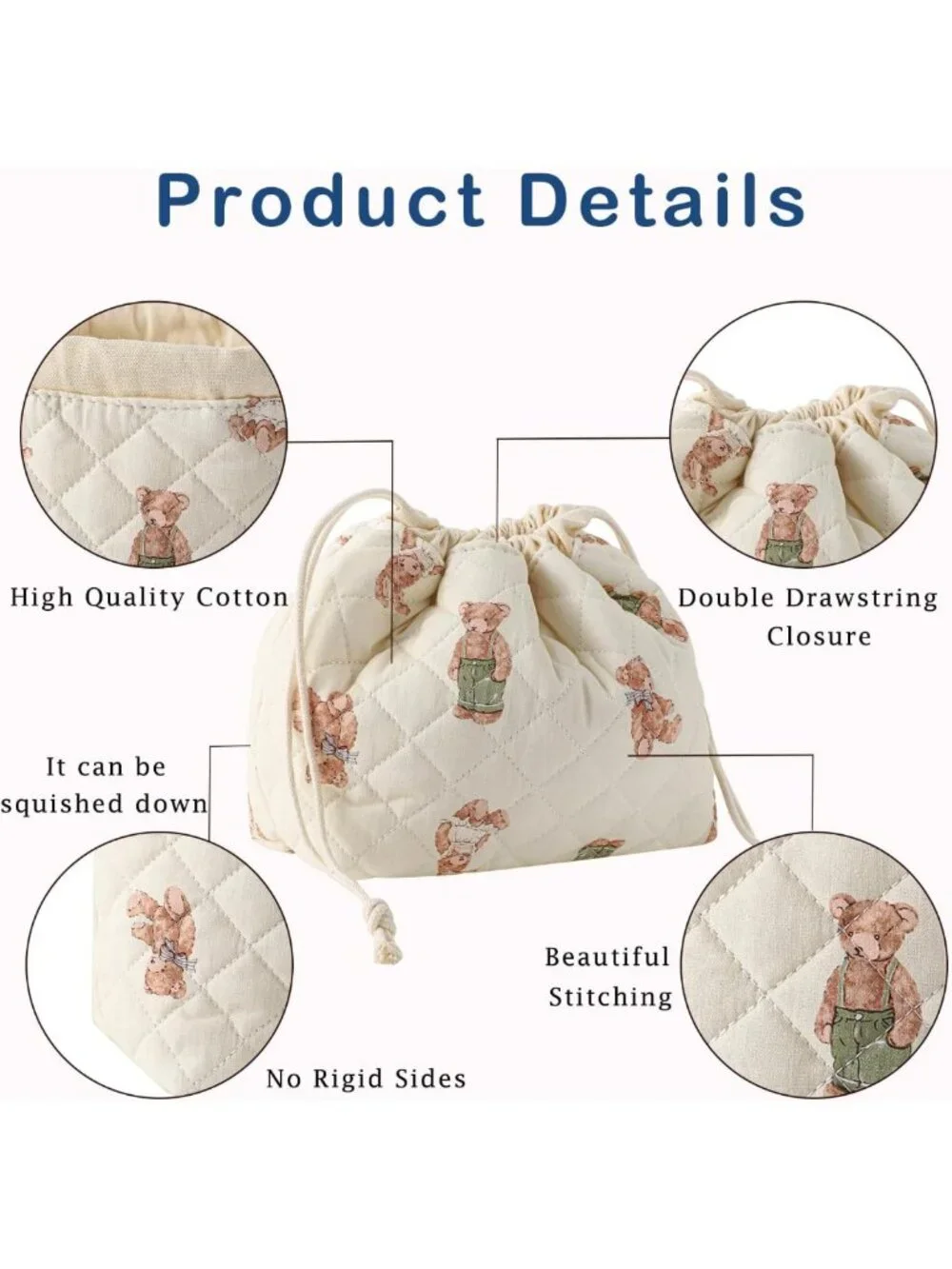 3-Piece Large Cotton Quilted Makeup Bag Set - Cute Travel Toiletry & Gift Bags